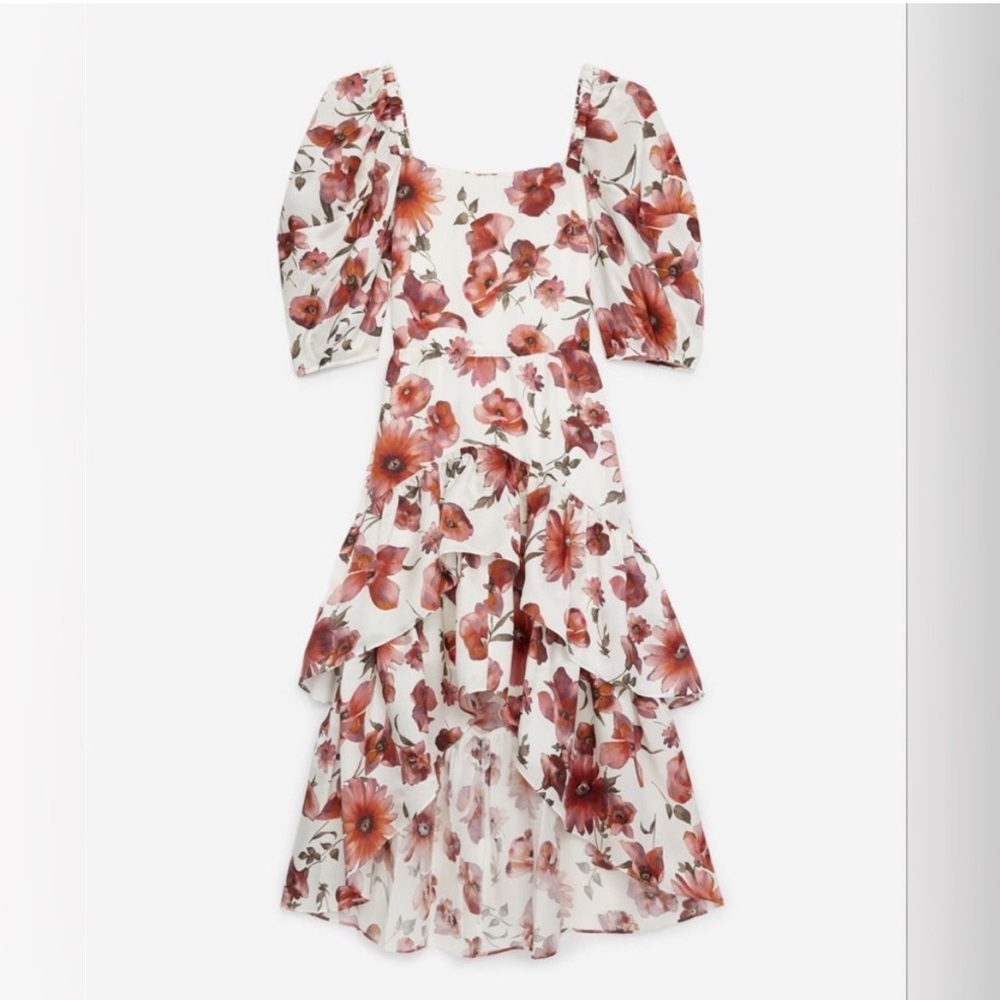 The Kooples Floral Print Midi Dress Square Neck Ruffle Tiered Hem NEW US 2